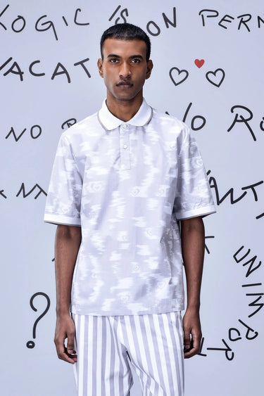 Ikkat Print Polo- Pearl Grey - Genes Online Store