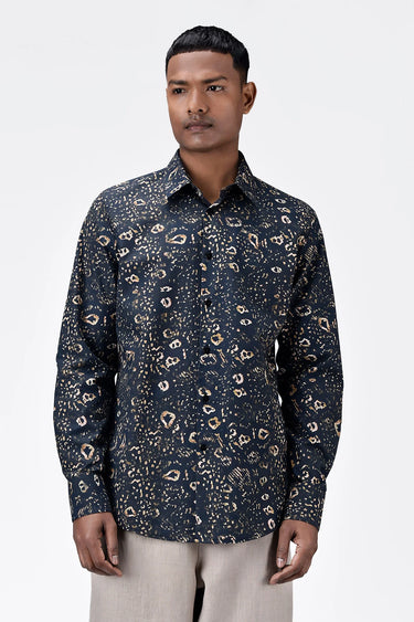 Khaki Cotton Poplin Regular Fit Shirt with Animal Print - Genes Lecoanet Hemant