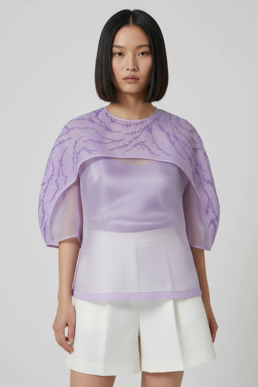 Women lavender sheer organza top with embroidery, luxury designer fashion India