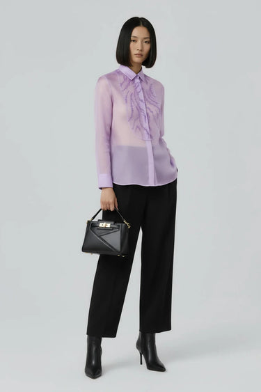 Lavender embroidered sheer shirt for women by Genes Lecoanet Hemant India
