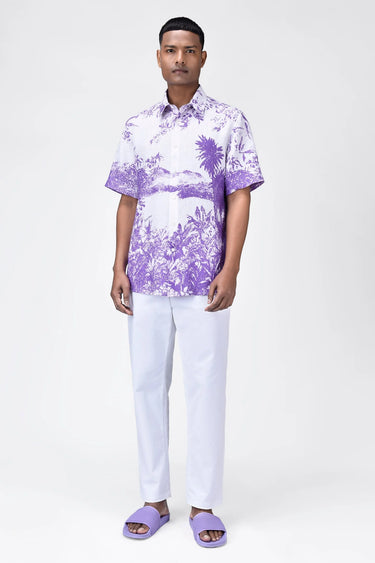 Light Linen Regular Fit Shirt with Landscape Print-Amethyst - Genes Lecoanet Hemant