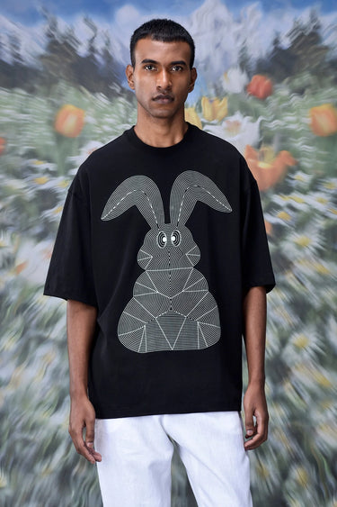 Black cotton T-shirt with minimal rabbit line artwork and relaxed fit