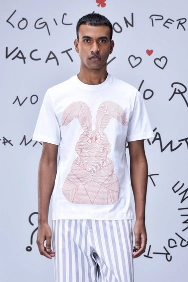 White cotton T-shirt with rabbit line artwork and relaxed fit
