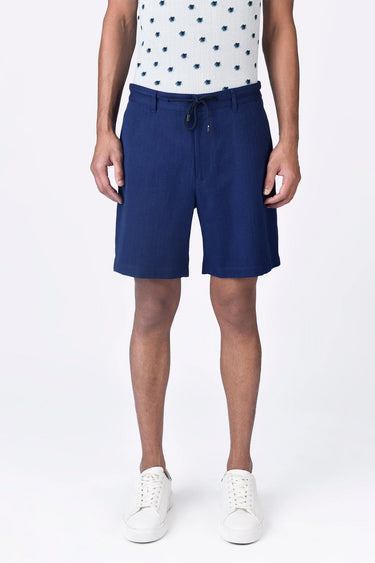 Linen Herringbone Shorts with Drawstring Waist - Navy Blue - Genes Lecoanet Hemant