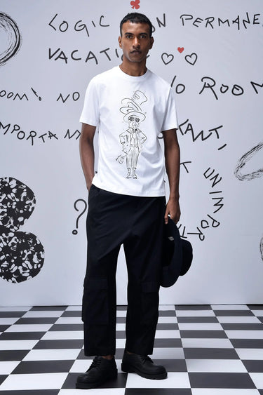 White Mad Hatter semi-fit cotton T-shirt for men with hand-sketched graphic print