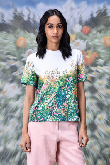 Floral print cotton T-shirt with meadow design for women