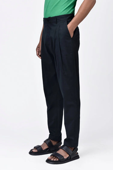 Men's Black Cotton Light Twill Double Pleated Carrot Trousers - Genes Lecoanet Hemant