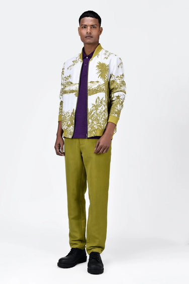 Men's Linen Herringbone Easy Fit Bomber Jacket-Bright Olive - Genes Lecoanet Hemant