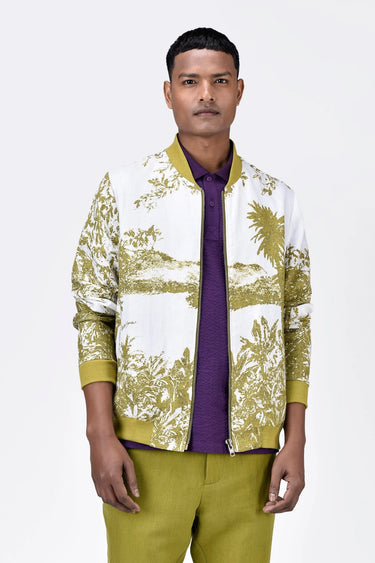 Men's Linen Herringbone Easy Fit Bomber Jacket-Bright Olive - Genes Lecoanet Hemant