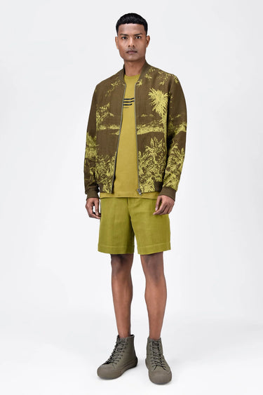 Men's Linen Herringbone Easy Fit Bomber Jacket -Khaki - Genes Lecoanet Hemant