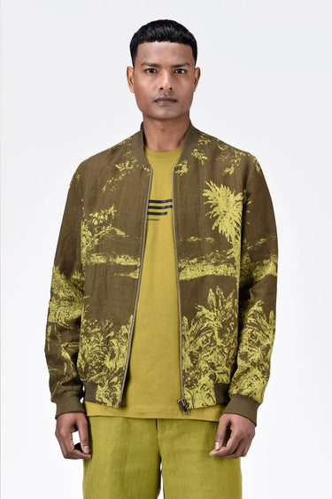 Men's Linen Herringbone Easy Fit Bomber Jacket -Khaki - Genes Lecoanet Hemant