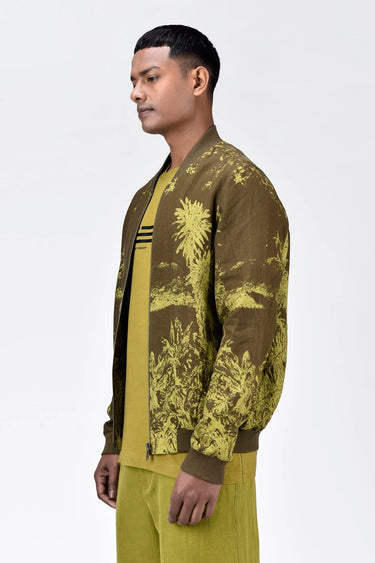 Men's Linen Herringbone Easy Fit Bomber Jacket -Khaki - Genes Lecoanet Hemant