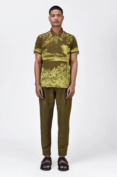 Men's Regular Fit Cotton Pique Polo with Contrast Tipping-Khaki - Genes Lecoanet Hemant