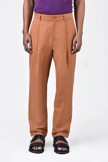 Men's Straight Fit Pleated Trousers-Salmon Pink - Genes Lecoanet Hemant