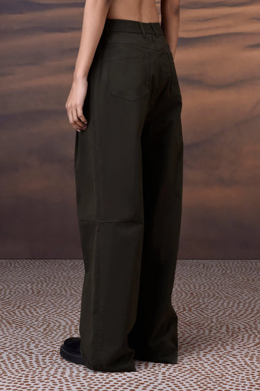 Military Green Cotton Twill Wide-Leg Trousers - Genes Online Store