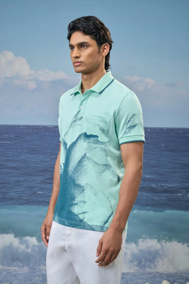 Mint green abstract print polo t-shirt men India, breathable premium cotton fabric