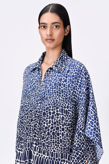 Modal V-Neck Dress with Cell Degrade Print - Blue Black - Genes Lecoanet Hemant