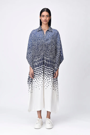 Modal V-Neck Dress with Cell Degrade Print - Blue Black - Genes Lecoanet Hemant