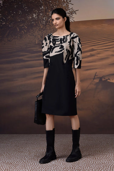 Monochrome brushstroke dress for women with abstract black and white print and tailored fit
