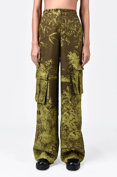 Monotone Landscape Linen Cargo Trousers with Flared Hem - Genes Lecoanet Hemant
