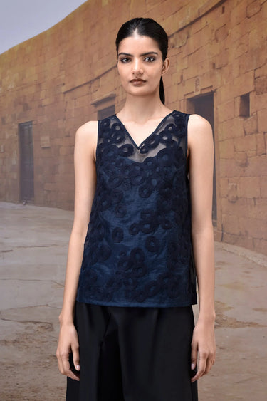 Navy Embroidered Organza V-Neck Sleeveless Top - Genes Online Store