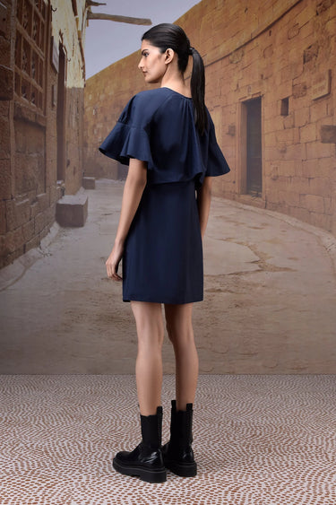Premium navy dress with statement flounce sleeves for casual and daywear
