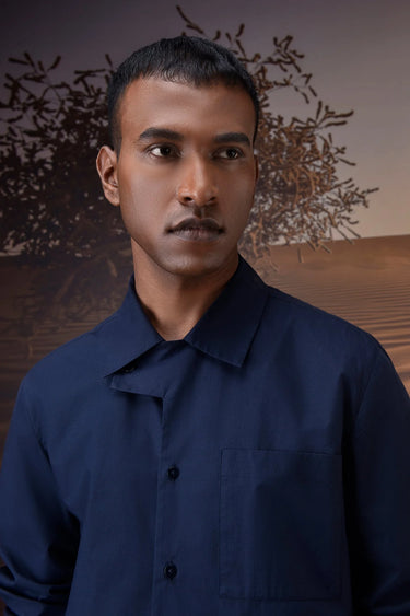 Navy long sleeve Giza cotton poplin shirt with clean minimal design for men