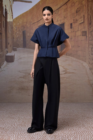 Navy Giza Cotton Top with Structured Sleeves - Genes Online Store