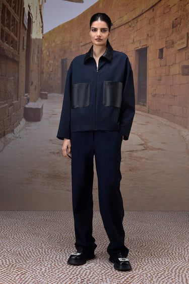 Navy Poly Viscose Check & Leather Bomber Jacket - Genes Online Store