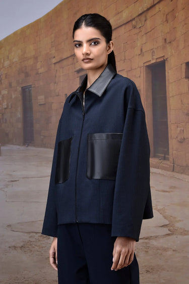 Navy Poly Viscose Check & Leather Bomber Jacket - Genes Online Store