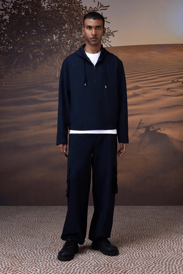 Navy poly-viscose lycra half-zip hoodie for men with relaxed fit and clean minimal design