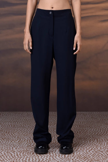 Navy poly viscose satin trousers for men by Genes Lecoanet Hemant India