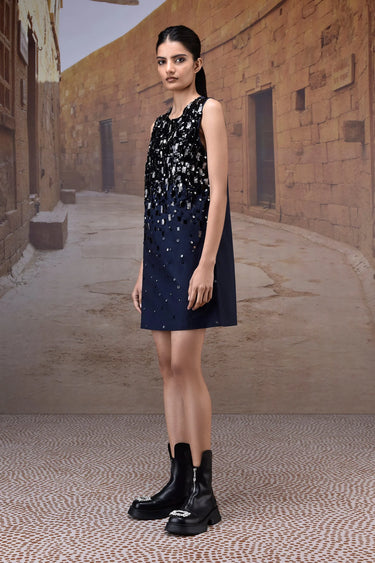 Navy Poly Wool Sequin Embellished Sleeveless Dress - Genes Online Store
