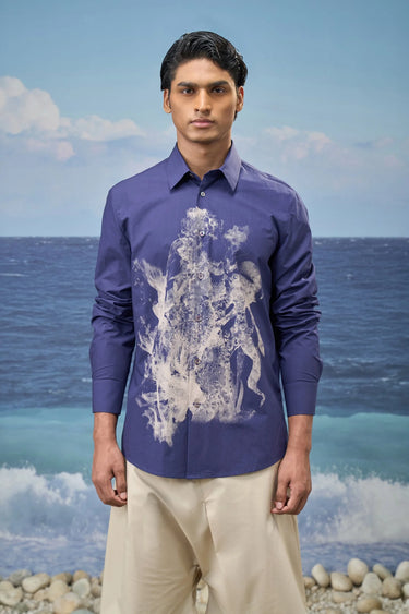 Navy Premium Cotton Poplin Abstract Print Shirt
