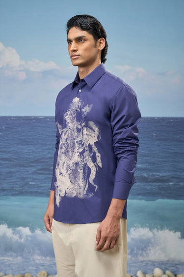 Navy Premium Cotton Poplin Abstract Print Shirt