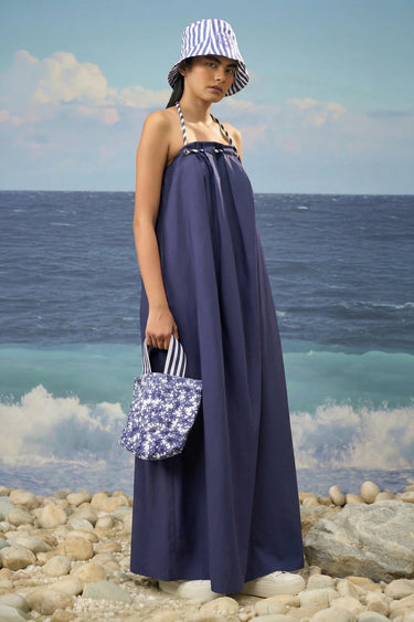 Navy Giza cotton sleeveless dress for women with pleated detailing