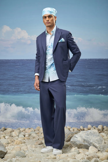 Navy poly viscose jacket for men with notch lapel design