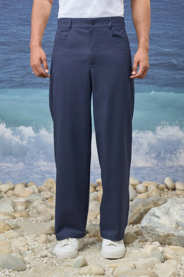 Navy poly viscose trousers for men with relaxed-leg design
