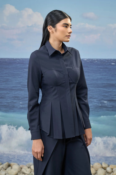 Navy poly wool shirt for women showing smooth breathable fabric texture