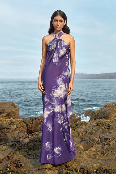 Navy Premium Satin Abstract Cloud Print Halter Dress