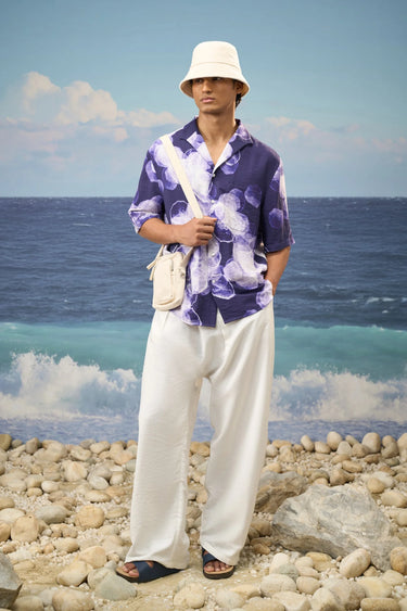 Men navy printed shirt with abstract pattern, premium viscose nylon fabric India