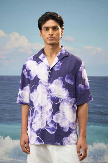 Navy abstract cloud print shirt for men by Genes Lecoanet Hemant India