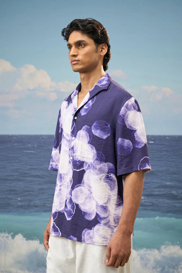Navy designer shirt for men with bold abstract print, casual fashion
