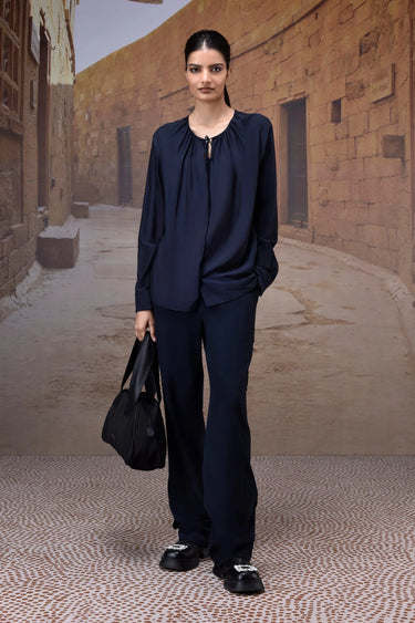 Navy Silk Viscose Gathered Neck Shirt - Genes Online Store