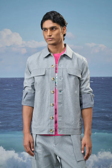 Navy stripe jacket for men with relaxed fit and structured silhouette
