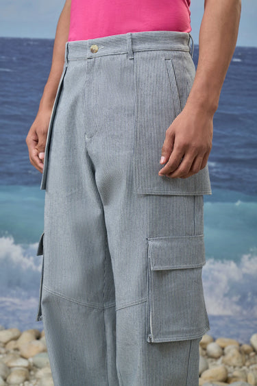Navy Stripe Premium Cotton Denim Relaxed Cargo Pants