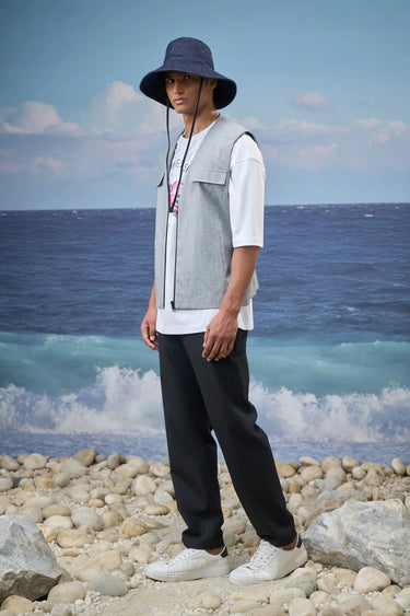 Navy stripe cotton denim vest for men with structured design