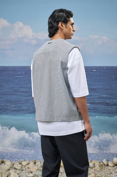 Navy stripe cotton denim vest for men styled for layering