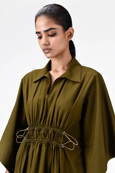 Oversized Cotton Poplin Dress with Front Slit Khaki - Genes Lecoanet Hemant