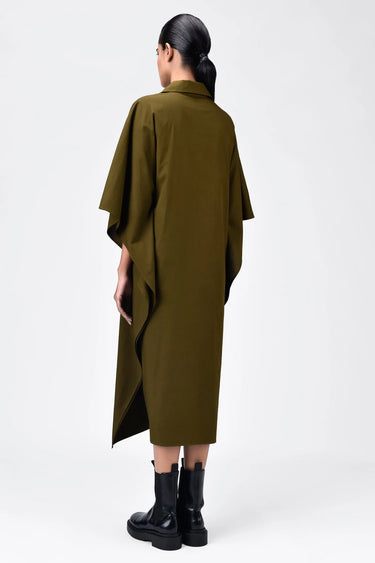 Oversized Cotton Poplin Dress with Front Slit Khaki - Genes Lecoanet Hemant